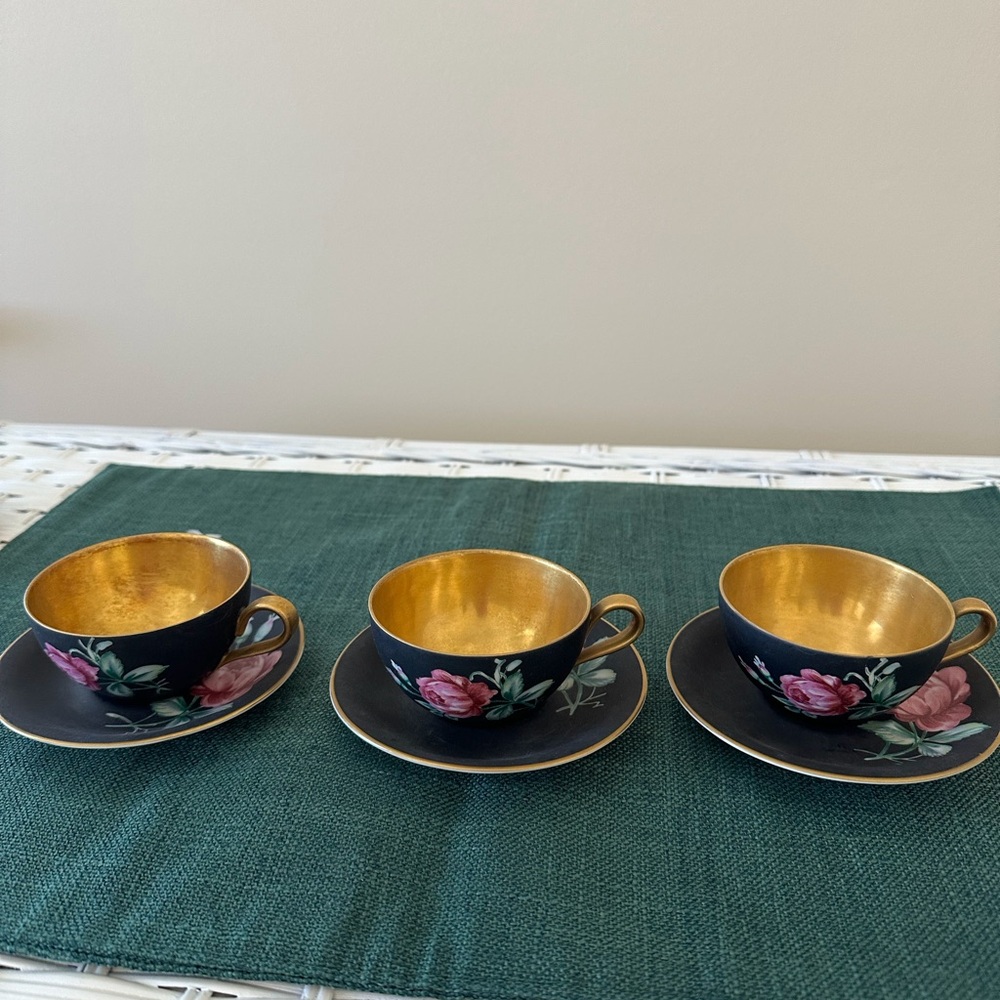 Black and Gold Floral Porcelain Teacup Set - 3 Cups with Saucers